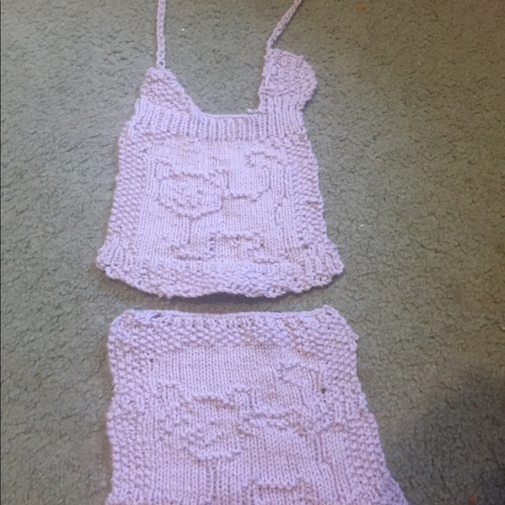 Hand knitted cat design baby bib and washcloth see